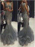 Beading Backless Mermaid Tulle V Neck Prom Dress LBQ4140